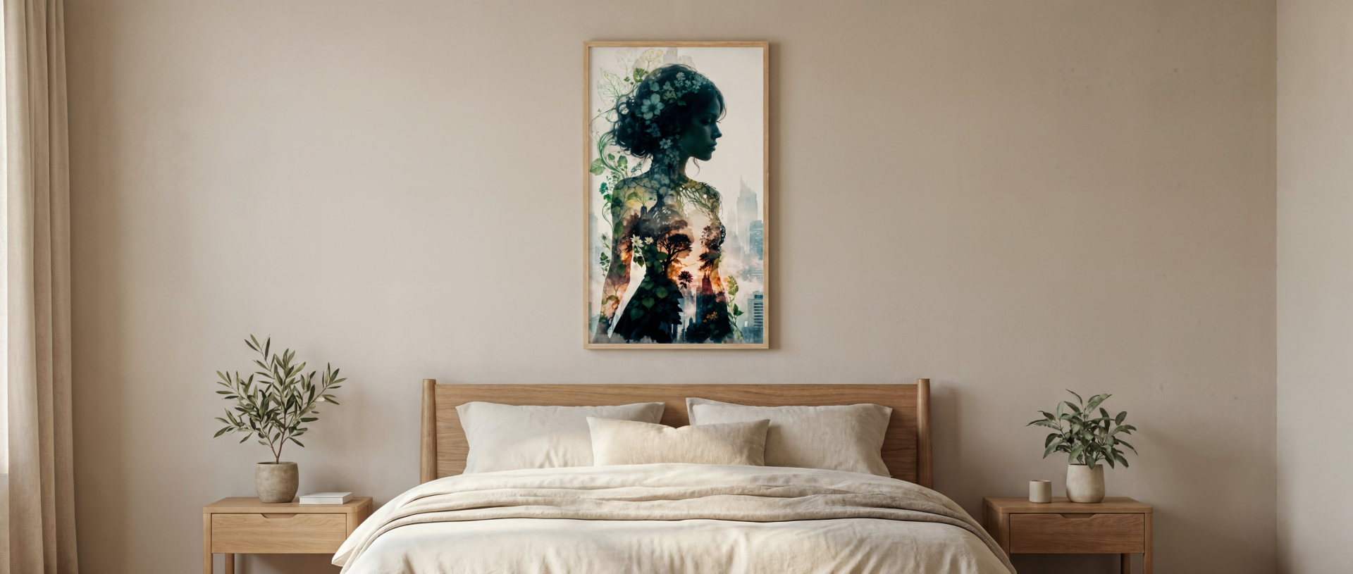 Bedroom with botanical portrait artwork above a bed and wooden side tables